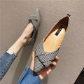 Women's pointed shallow mouth shoes in red and black colours with low flat heel and cotton upper