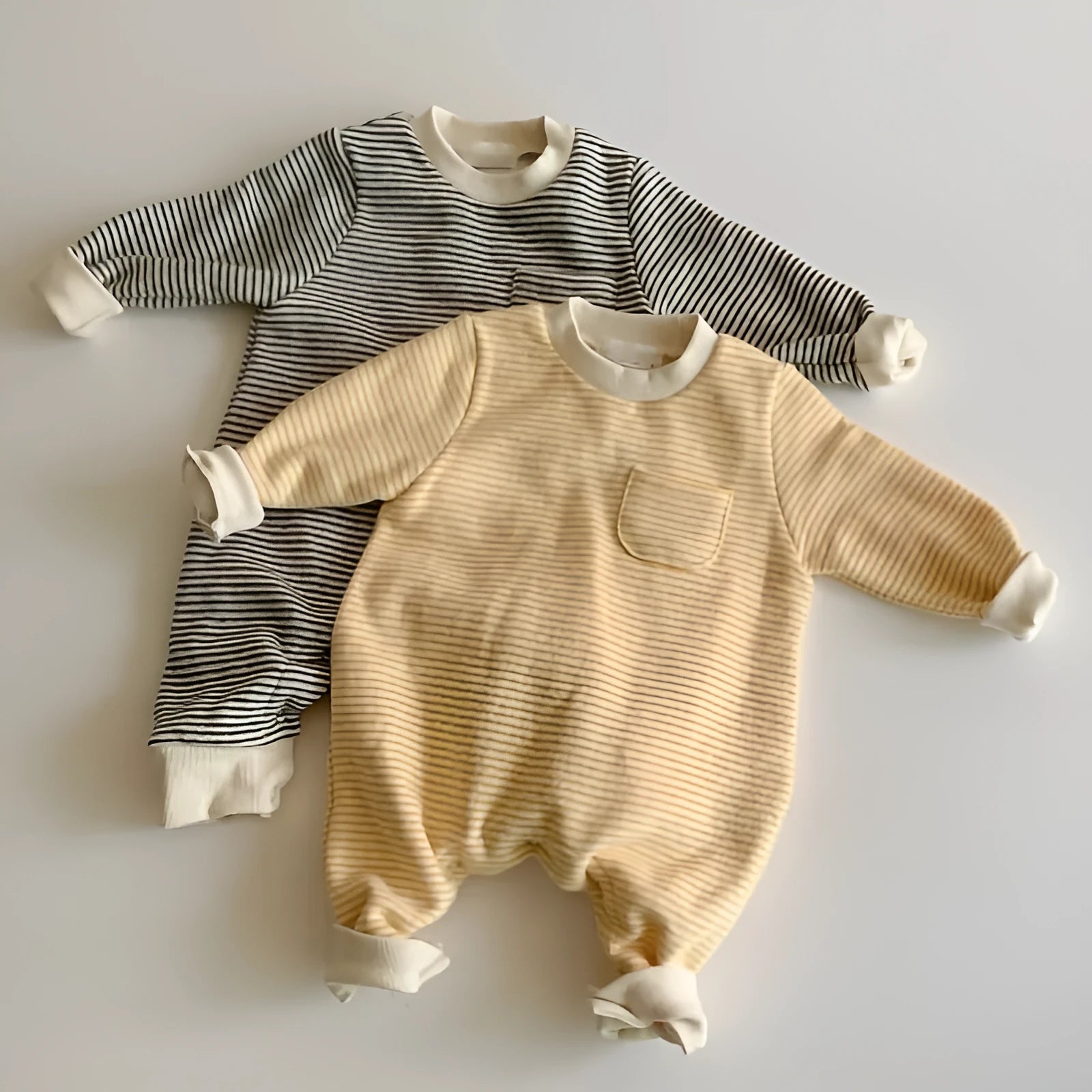 Striped cotton baby jumpsuit with long sleeves and hidden buttons for infant autumn winter wear