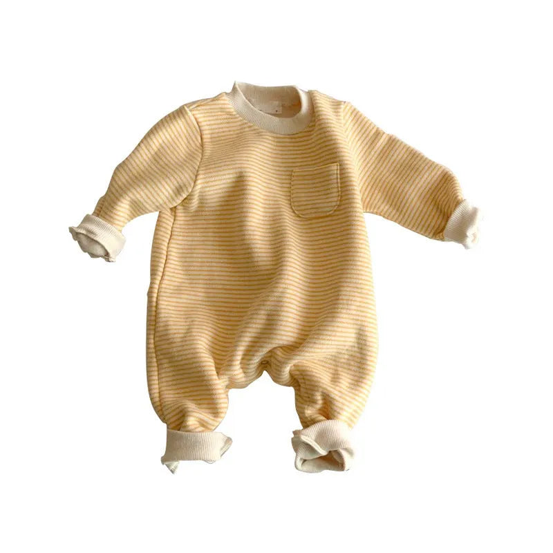 Striped cotton baby jumpsuit with long sleeves and hidden buttons for infant autumn winter wear
