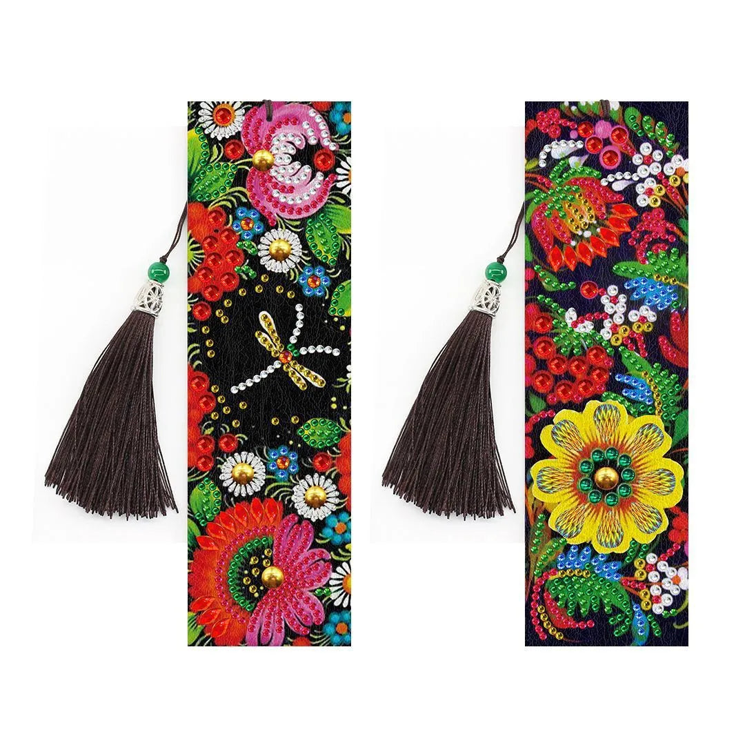 5D diamond painting DIY bookmark kit showing resin diamonds, 6x21cm PU canvas with pendant, and colour set options