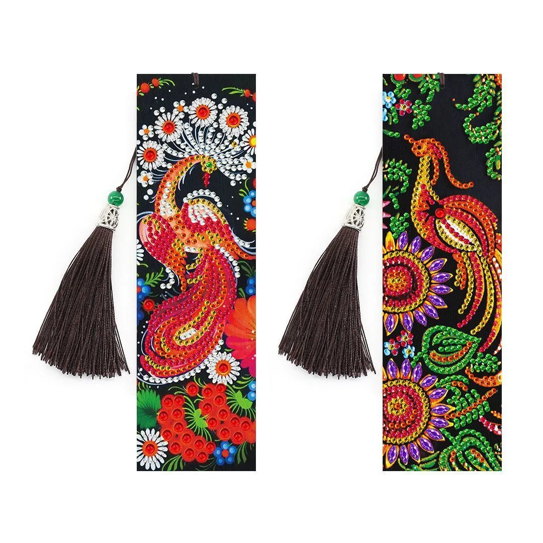 5D diamond painting DIY bookmark kit showing resin diamonds, 6x21cm PU canvas with pendant, and colour set options