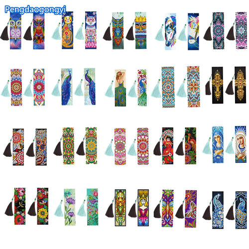 5D diamond painting DIY bookmark kit showing resin diamonds, 6x21cm PU canvas with pendant, and colour set options