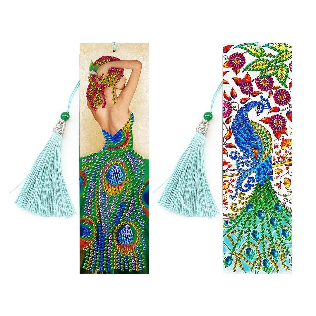 5D diamond painting DIY bookmark kit showing resin diamonds, 6x21cm PU canvas with pendant, and colour set options