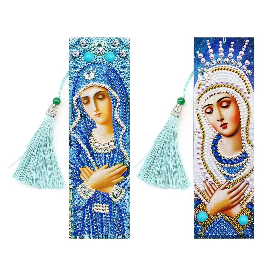 5D diamond painting DIY bookmark kit showing resin diamonds, 6x21cm PU canvas with pendant, and colour set options