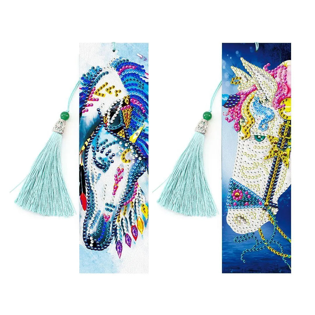 5D diamond painting DIY bookmark kit showing resin diamonds, 6x21cm PU canvas with pendant, and colour set options