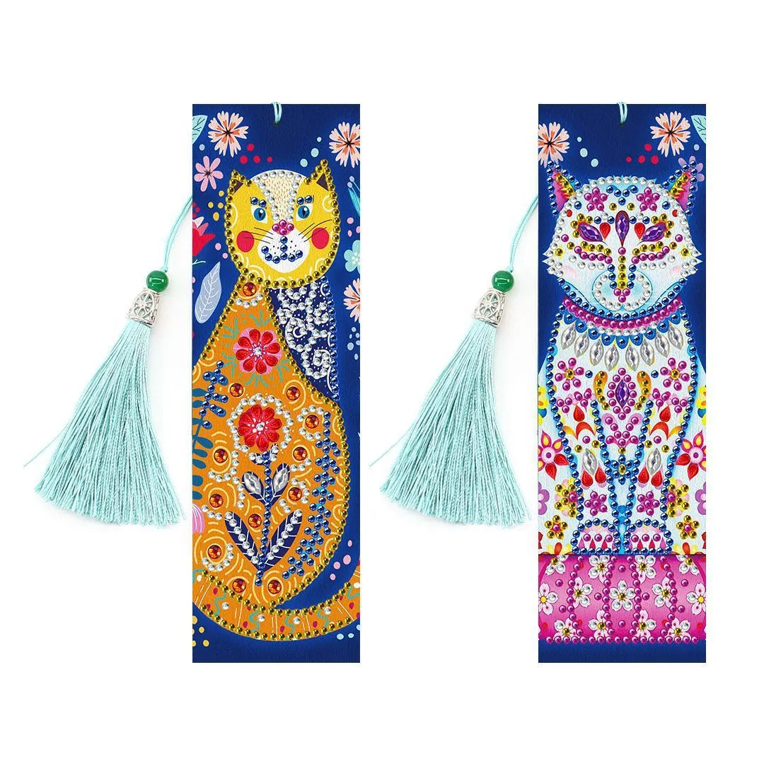 5D diamond painting DIY bookmark kit showing resin diamonds, 6x21cm PU canvas with pendant, and colour set options
