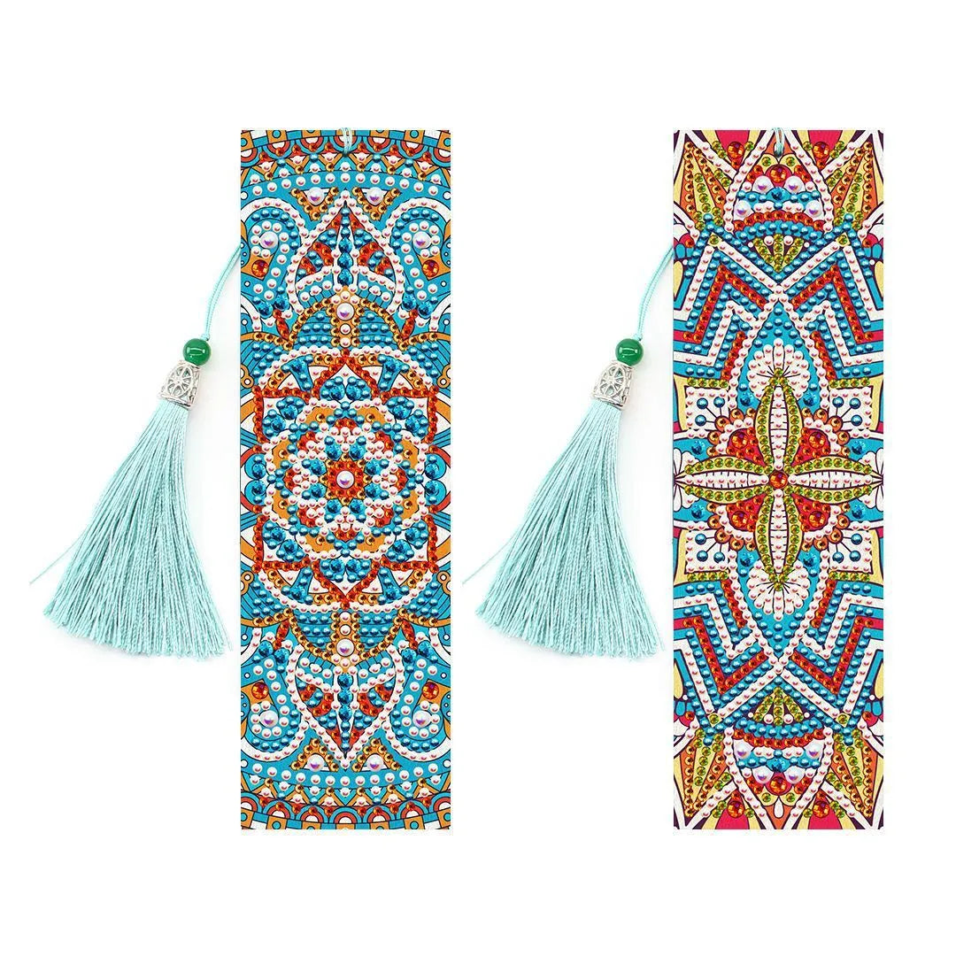 5D diamond painting DIY bookmark kit showing resin diamonds, 6x21cm PU canvas with pendant, and colour set options