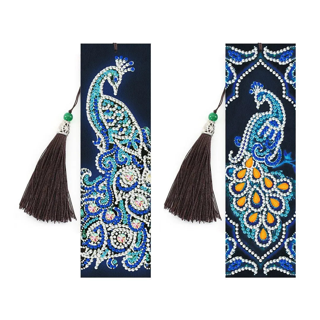 5D diamond painting DIY bookmark kit showing resin diamonds, 6x21cm PU canvas with pendant, and colour set options