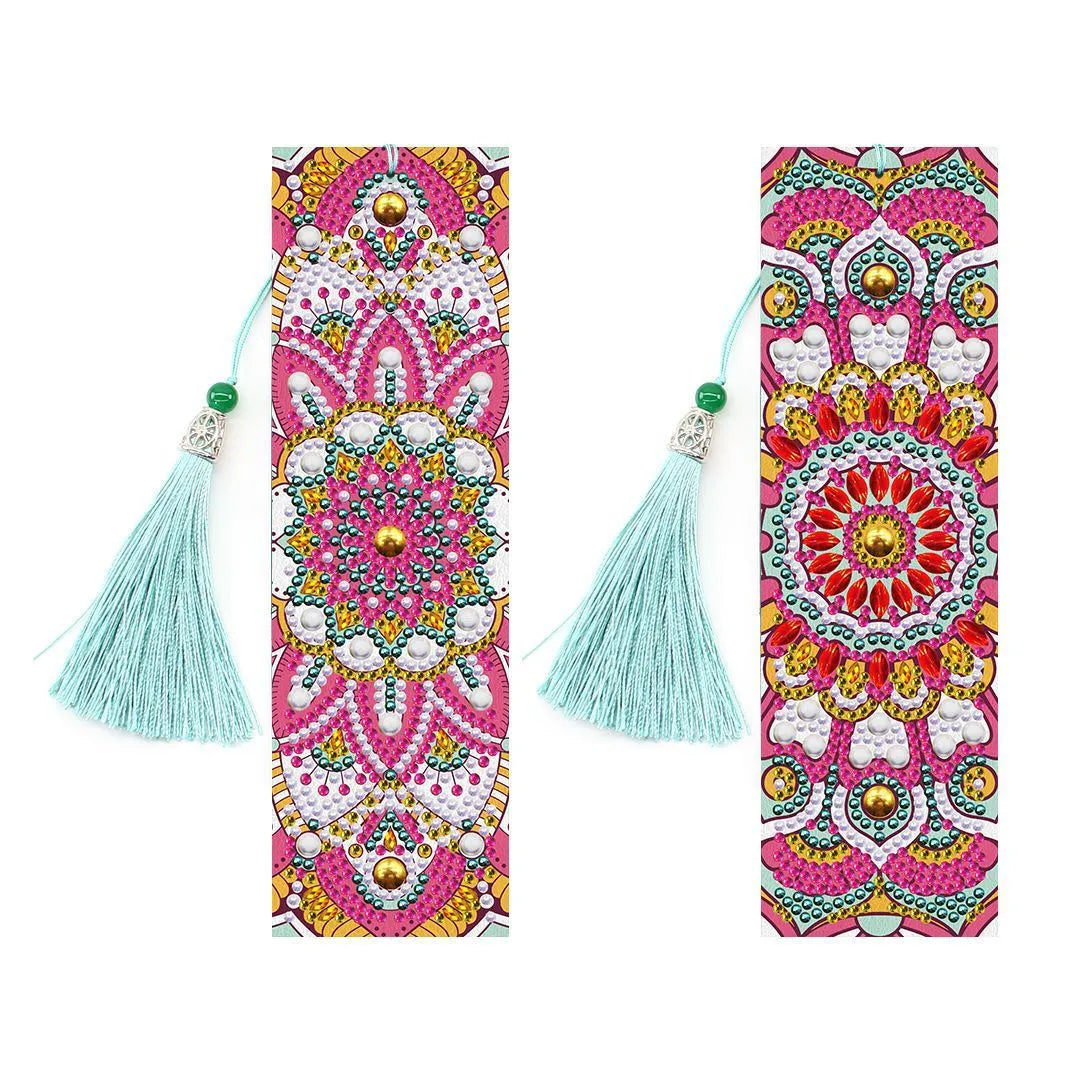 5D diamond painting DIY bookmark kit showing resin diamonds, 6x21cm PU canvas with pendant, and colour set options