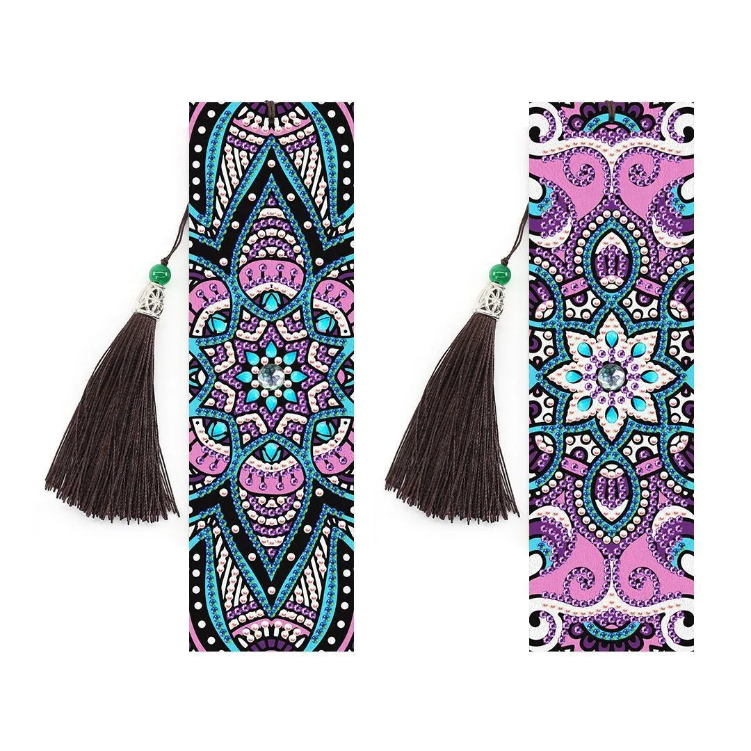 5D diamond painting DIY bookmark kit showing resin diamonds, 6x21cm PU canvas with pendant, and colour set options