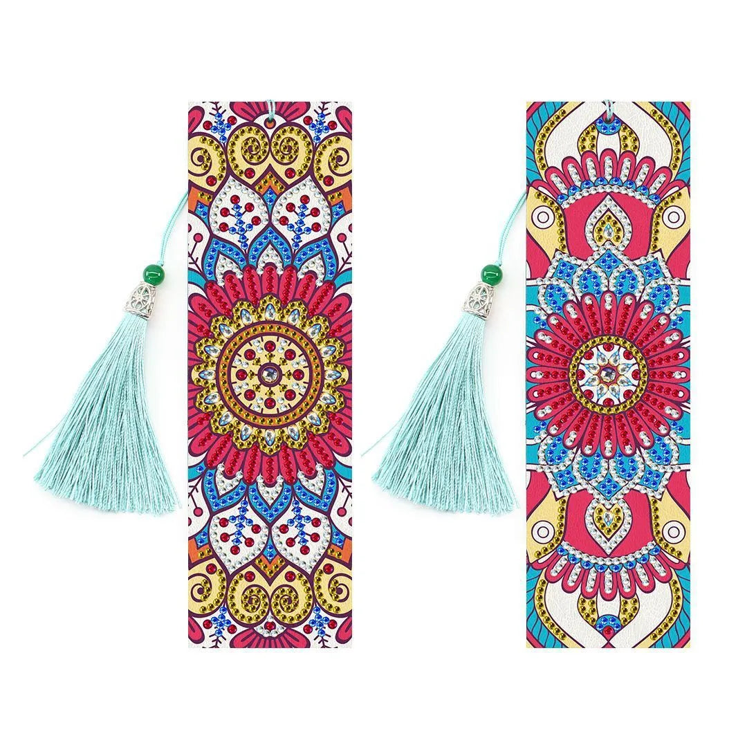 5D diamond painting DIY bookmark kit showing resin diamonds, 6x21cm PU canvas with pendant, and colour set options