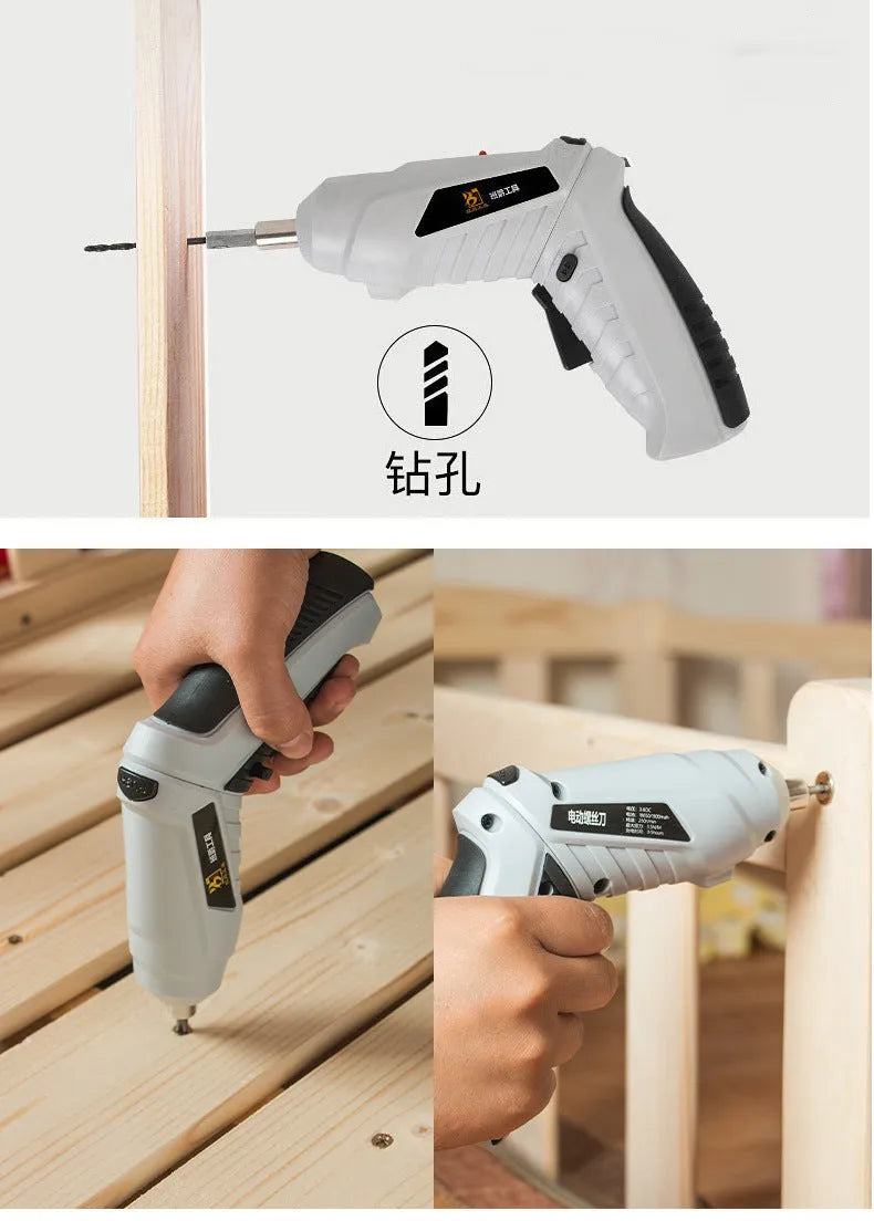 Black pistol grip rechargeable screwdriver with USB charging port and accessory bits for furniture assembly