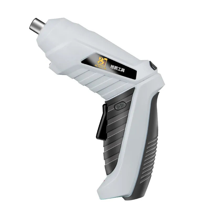 Black pistol grip rechargeable screwdriver with USB charging port and accessory bits for furniture assembly