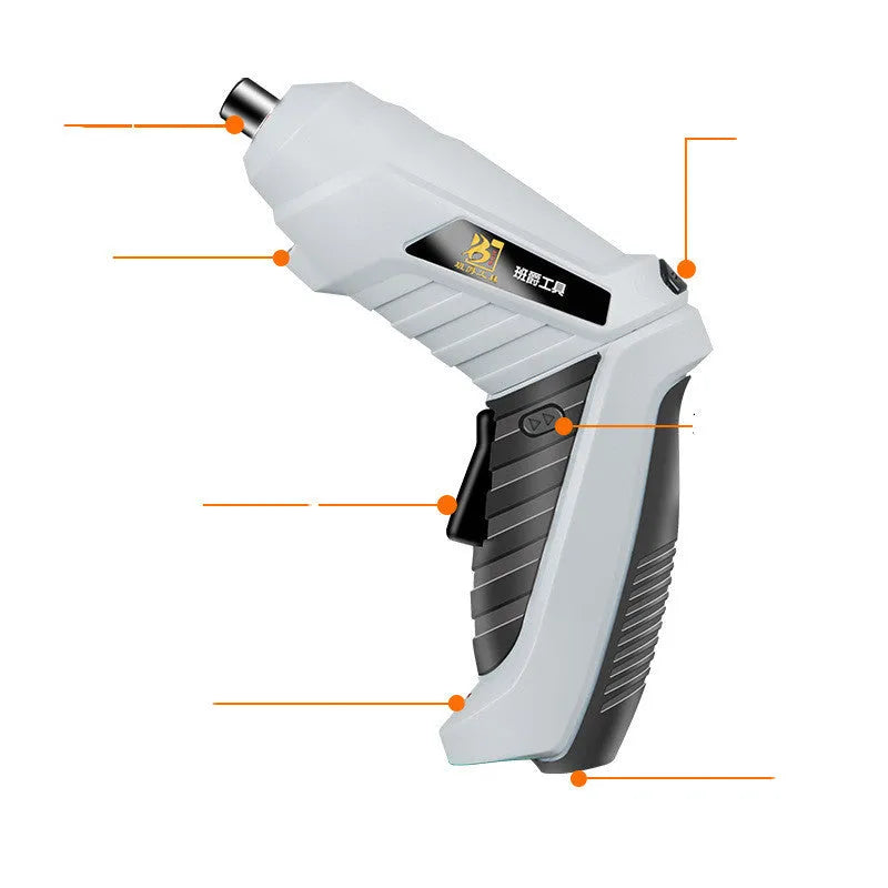Black pistol grip rechargeable screwdriver with USB charging port and accessory bits for furniture assembly