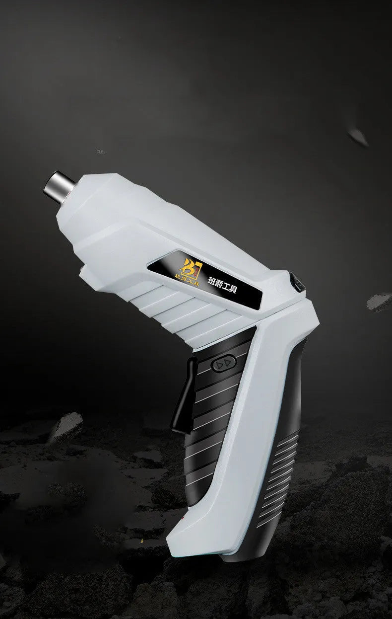 Black pistol grip rechargeable screwdriver with USB charging port and accessory bits for furniture assembly