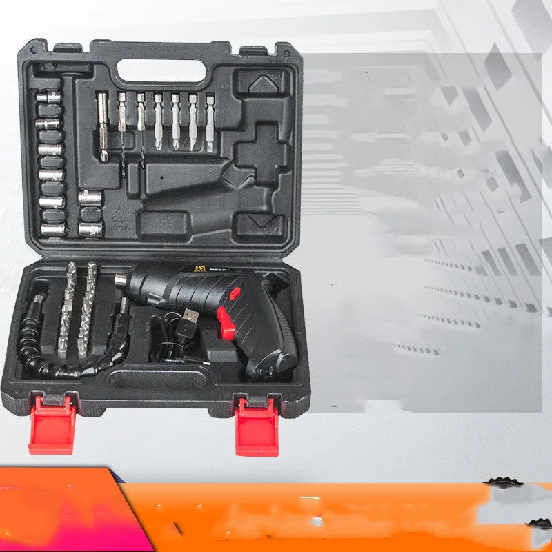 Black pistol grip rechargeable screwdriver with USB charging port and accessory bits for furniture assembly