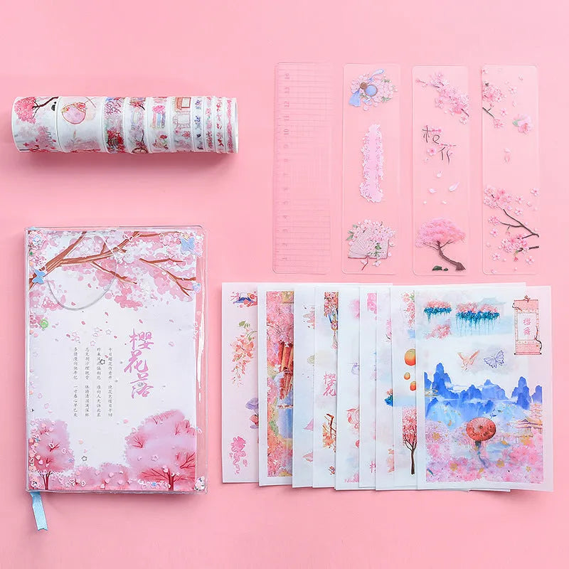Cherry blossom hand ledger gift box set with paper cover, 33x24.5cm, 475g pages, in OPP packaging, featuring a floral design