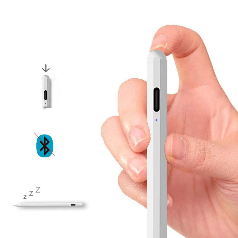 White magnetic stylus pen for iPad on a tablet screen.