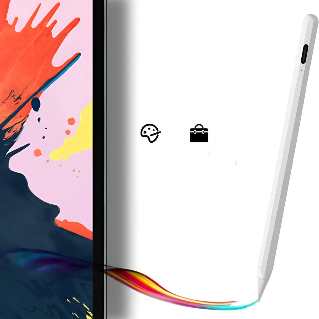 White magnetic stylus pen for iPad on a tablet screen.