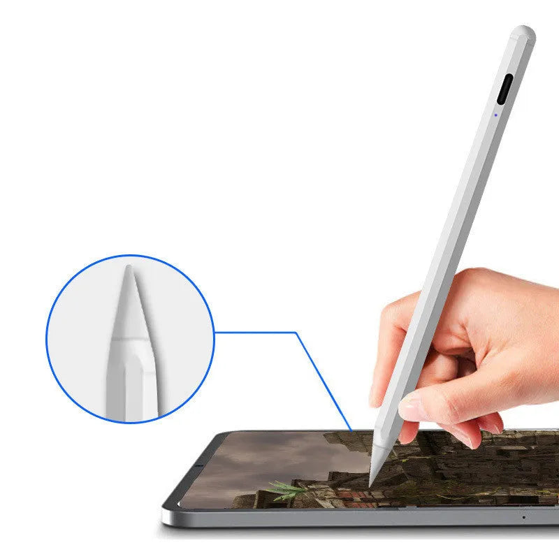 White magnetic stylus pen for iPad on a tablet screen.