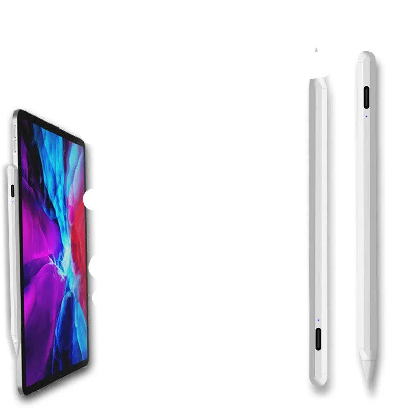 White magnetic stylus pen for iPad on a tablet screen.
