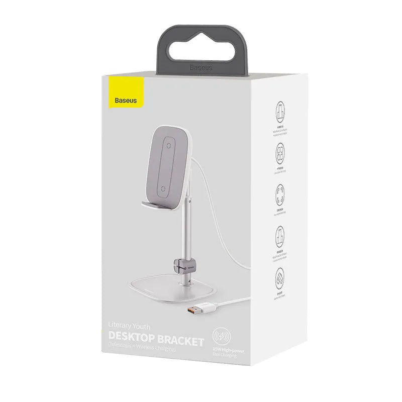 Baseus 15W wireless charger stand in silver holding a smartphone on a desk