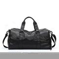 Large black waterproof PU leather sports training bag with multiple pockets and a breathable back panel.