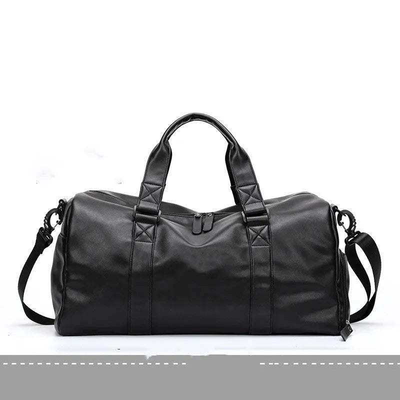 Large black waterproof PU leather sports training bag with multiple pockets and a breathable back panel.