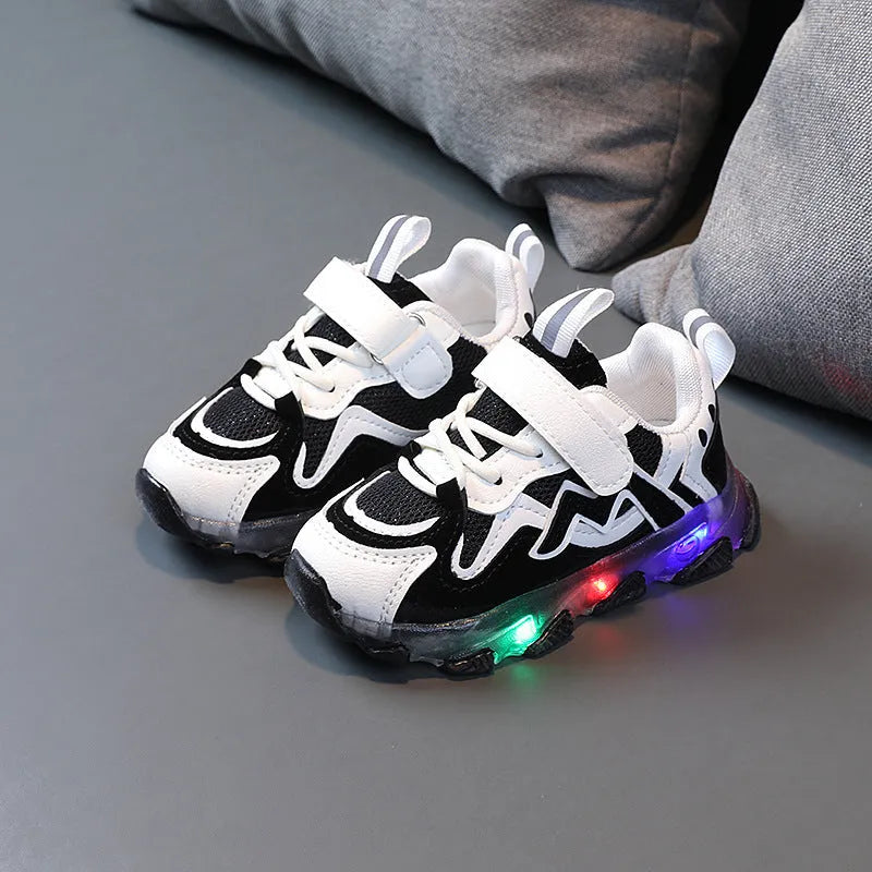 Kids' black breathable mesh sneakers with Velcro strap and rubber sole
