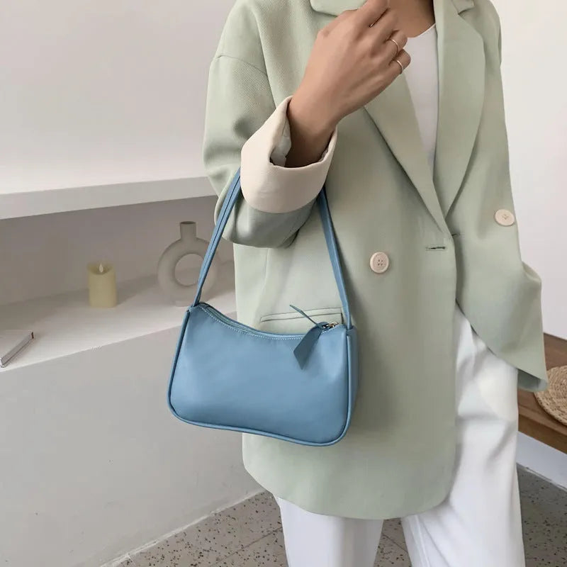 Women's one-shoulder horizontal square PU armpit bag with zipper closure and phone pocket, colour-contrast design