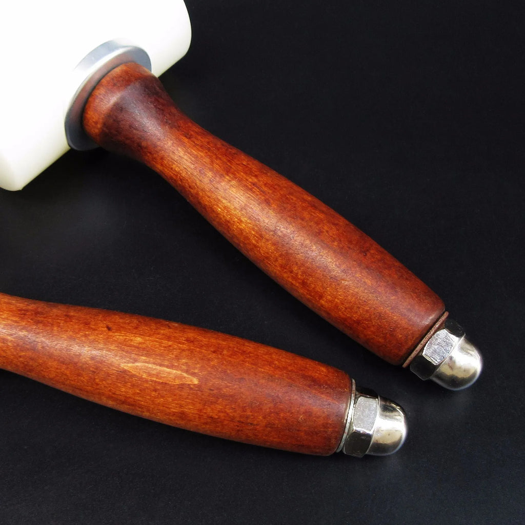 T-shaped leather carving hammer with white nylon head and brown wooden handle for leathercraft