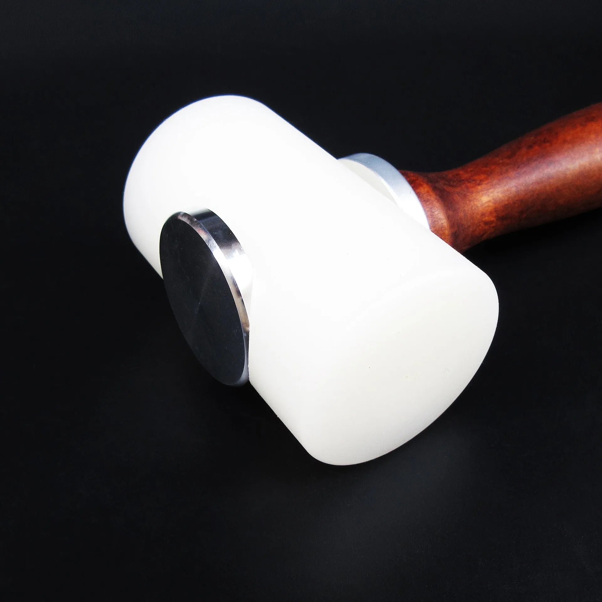 T-shaped leather carving hammer with white nylon head and brown wooden handle for leathercraft