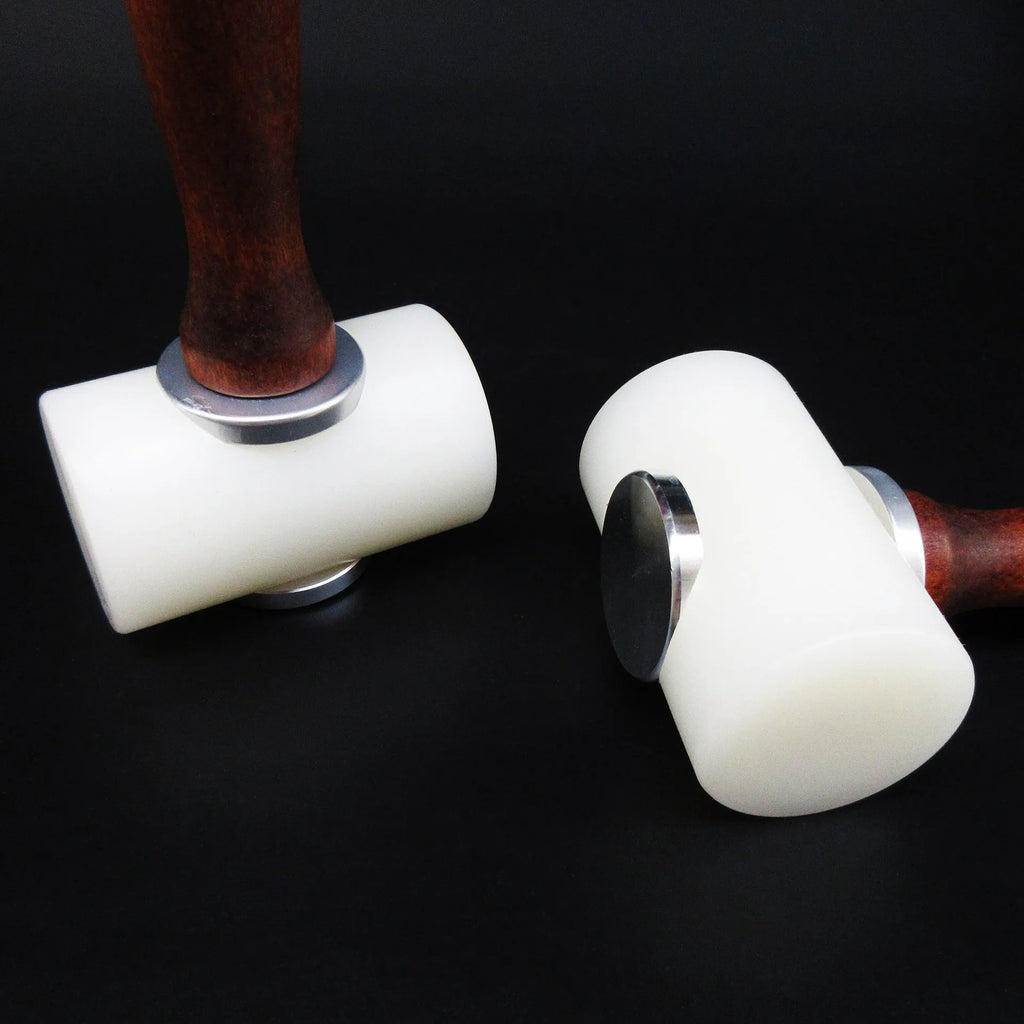 T-shaped leather carving hammer with white nylon head and brown wooden handle for leathercraft