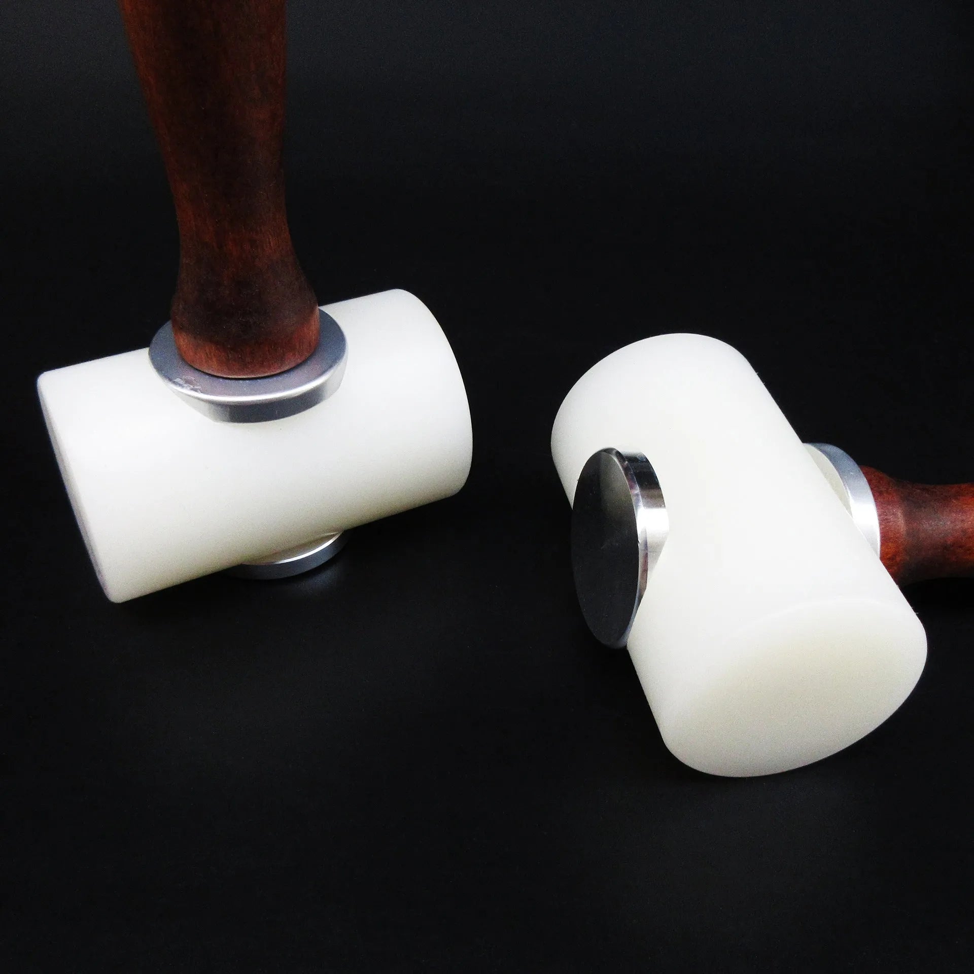 T-shaped leather carving hammer with white nylon head and brown wooden handle for leathercraft