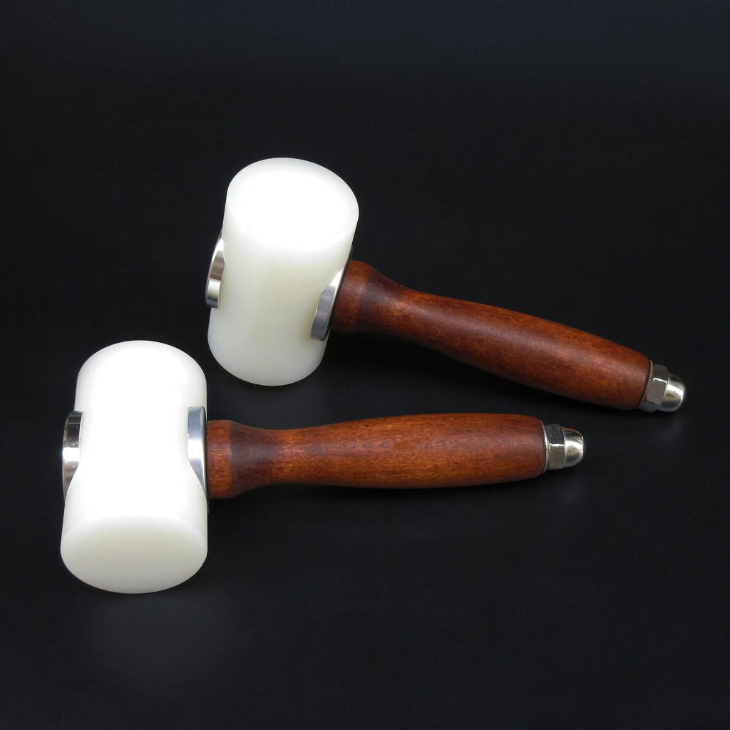 T-shaped leather carving hammer with white nylon head and brown wooden handle for leathercraft