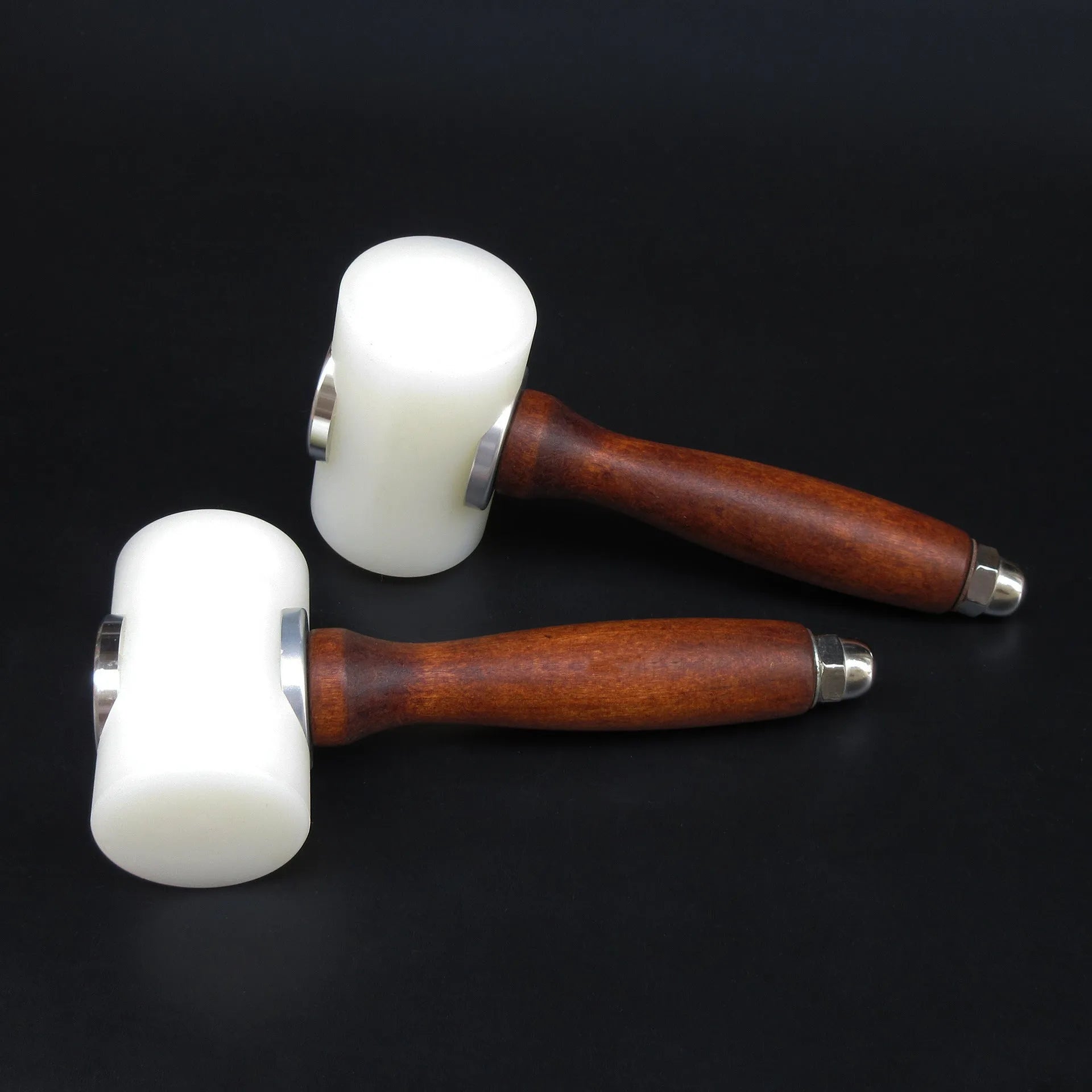 T-shaped leather carving hammer with white nylon head and brown wooden handle for leathercraft