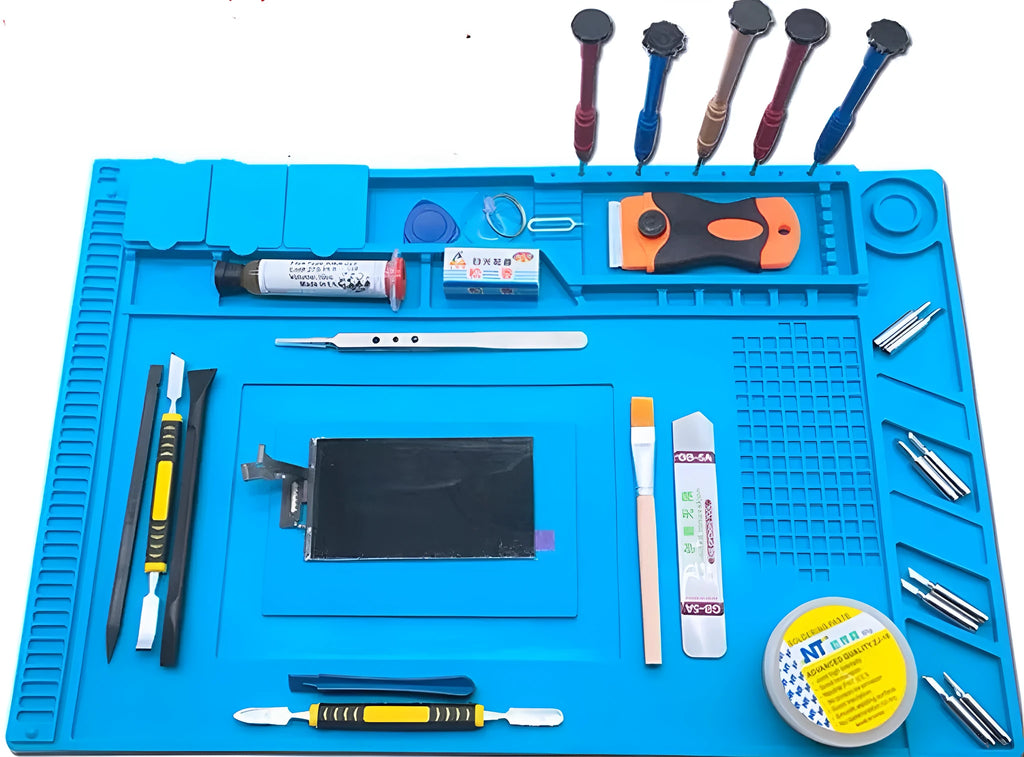 Blue silicone magnetic heat insulation repair pad 45.5 by 30 cm on a desk with repair tools
