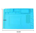 Blue silicone magnetic heat insulation repair pad 45.5 by 30 cm on a desk with repair tools