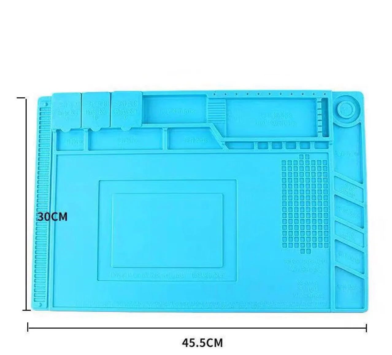Blue silicone magnetic heat insulation repair pad 45.5 by 30 cm on a desk with repair tools