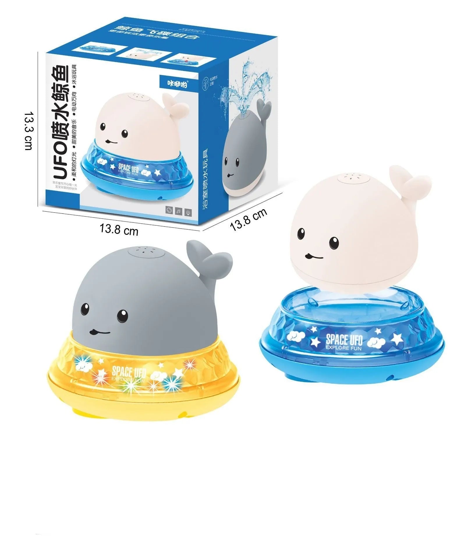 Grey and white whale bath toy with water spray, LED lights, floating in water