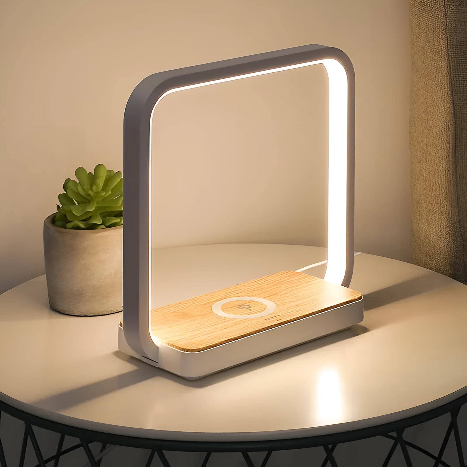 Modern smart touch sensor bedside lamp with aluminium shade in white, showing USB cable.