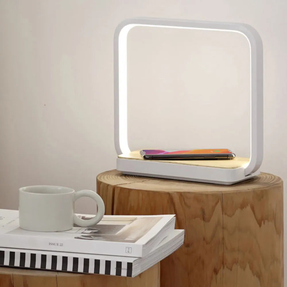 Modern smart touch sensor bedside lamp with aluminium shade in white, showing USB cable.