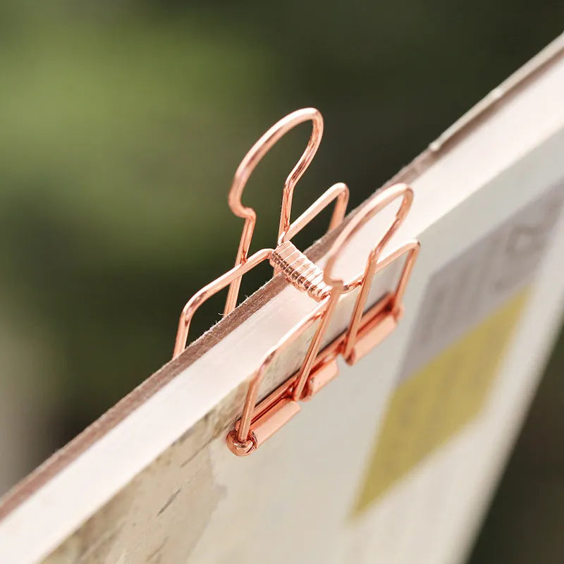 Rose gold metal binder set with eight small and six large folders for tickets and papers.