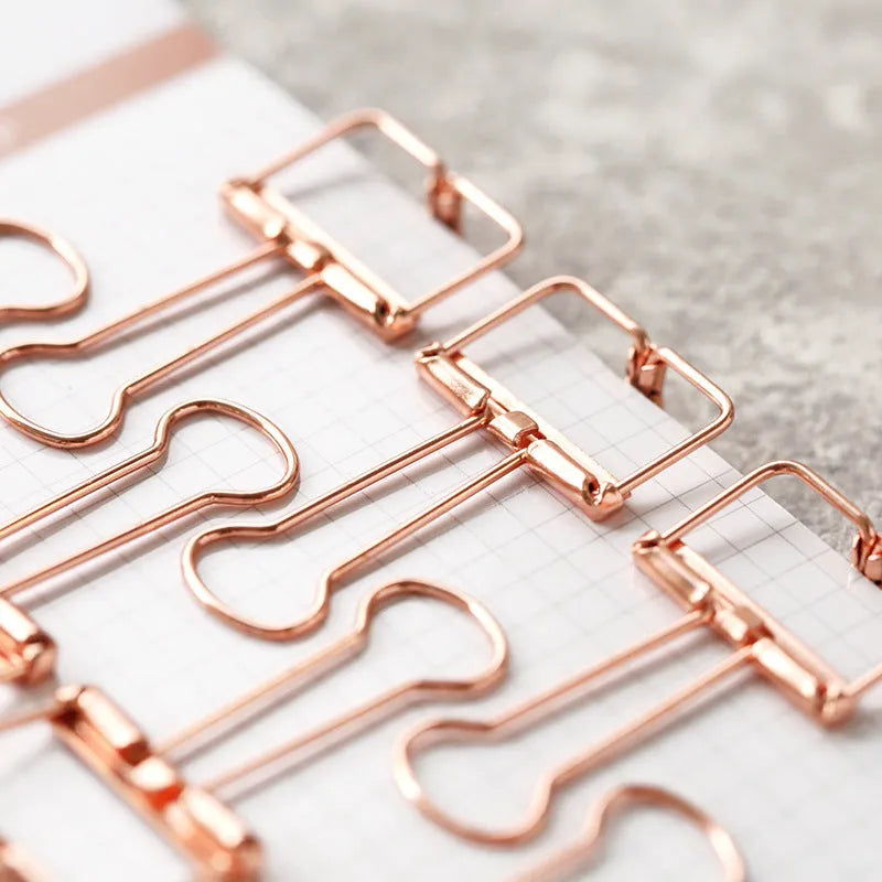 Rose gold metal binder set with eight small and six large folders for tickets and papers.