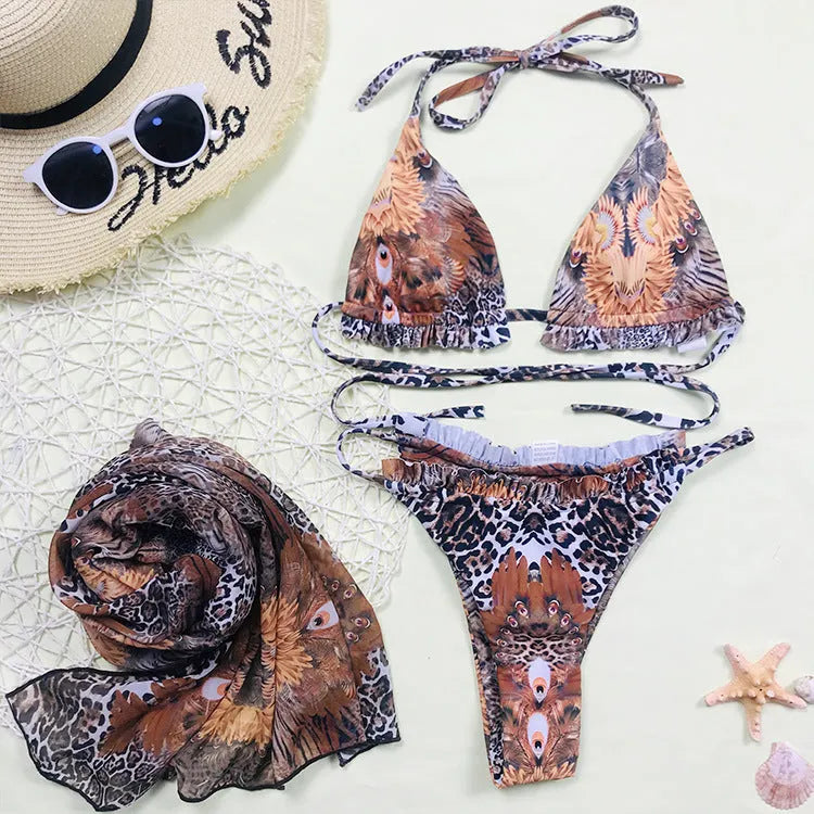 Leopard digital print three-piece bikini swimsuit for women, high elasticity quick-drying polyester, backless design, Brown Leopard