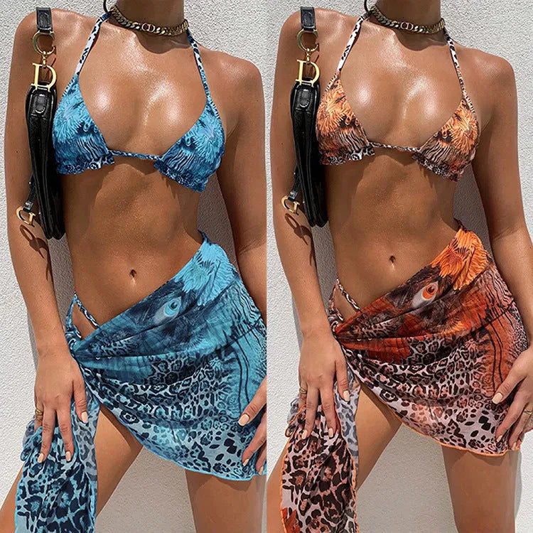 Leopard digital print three-piece bikini swimsuit for women, high elasticity quick-drying polyester, backless design, Brown Leopard