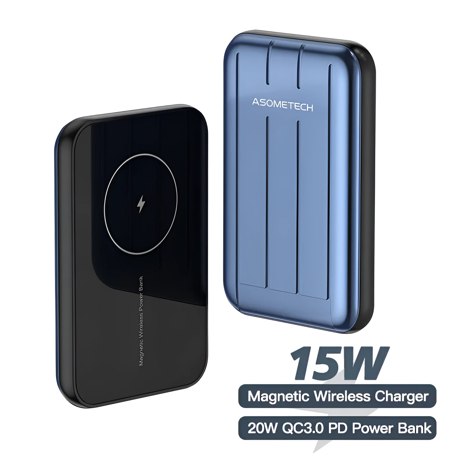 Wireless magnetic power bank for iPhone 12 in blue colour showing charging surface and USB port