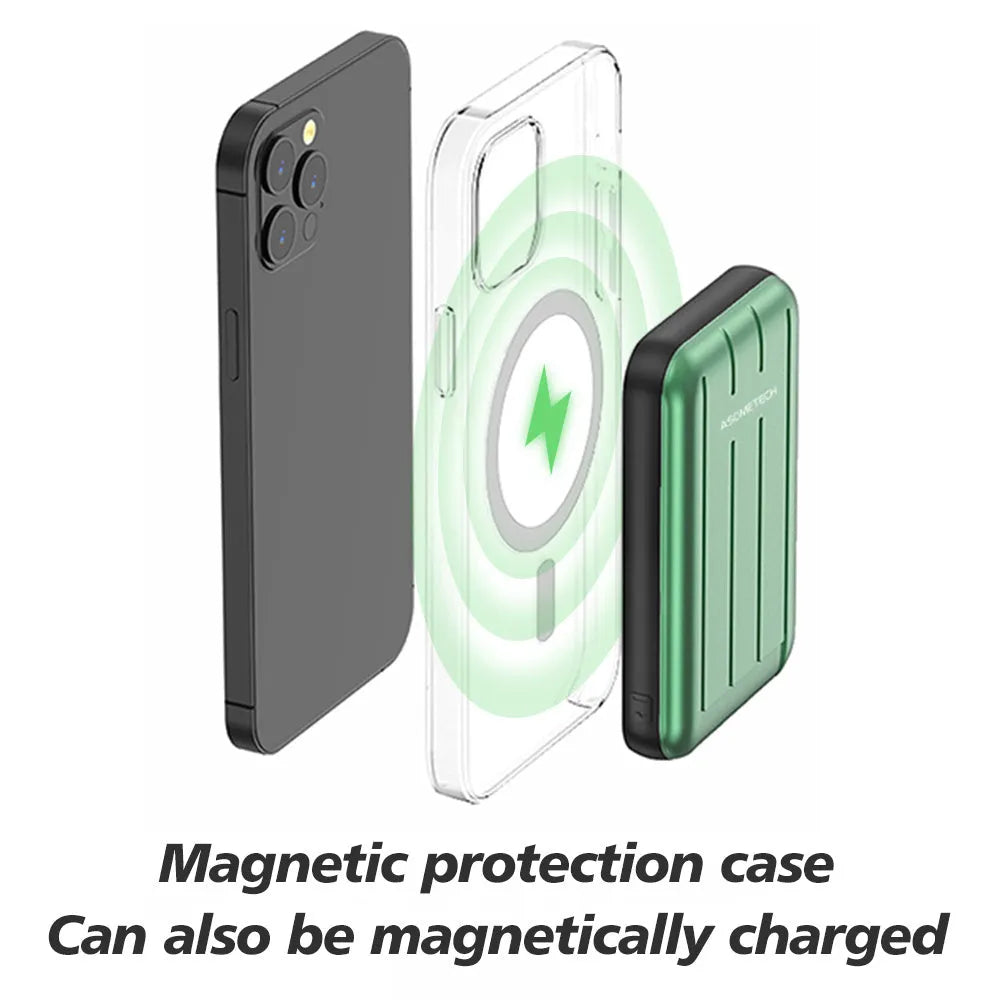 Wireless magnetic power bank for iPhone 12 in blue colour showing charging surface and USB port