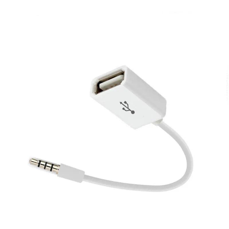 White 18cm USB 2.0 to 3.5mm AUX audio converter cable for car stereo with male jack and female USB connectors