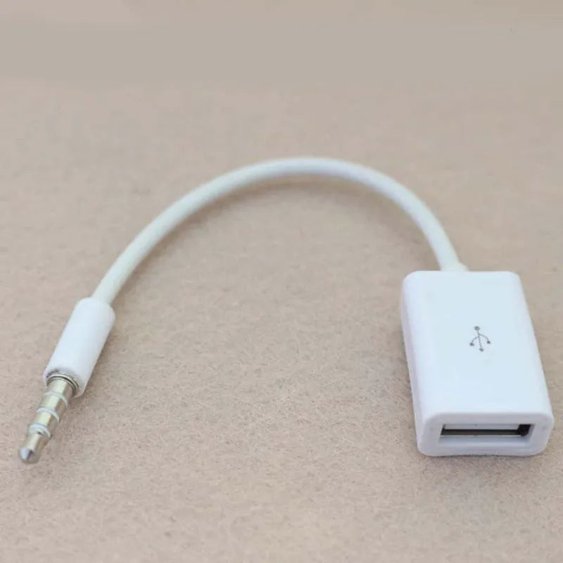 White 18cm USB 2.0 to 3.5mm AUX audio converter cable for car stereo with male jack and female USB connectors